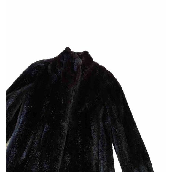 Vintage Womens Coat Faux Fur Mid Length Scalloped Edge Large Pocketed Black - Picture 2 of 10